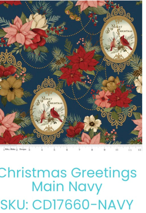Christmas Greetings by Designer Sandy Gervais for Riley Blake Designs CD17660 Navy