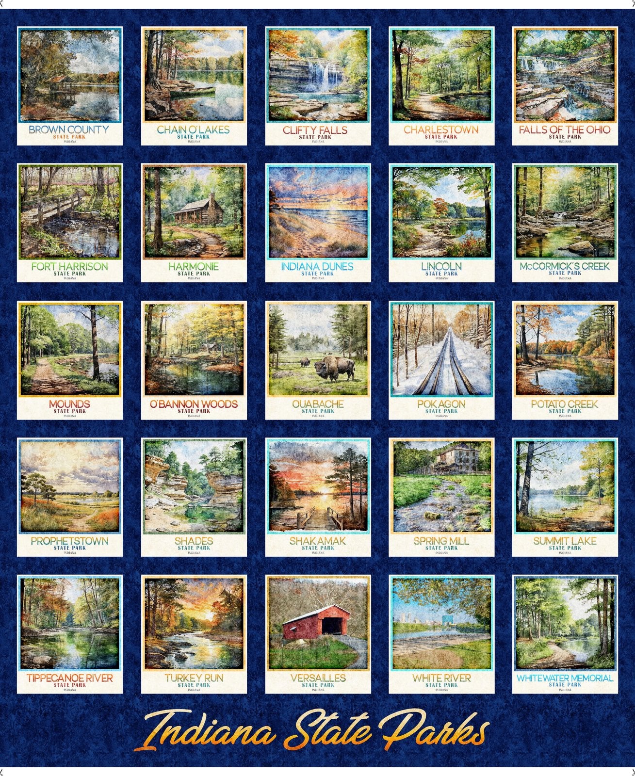 All Indiana Shop Hop Fabric State Parks Panel Navy 2600 31106 N