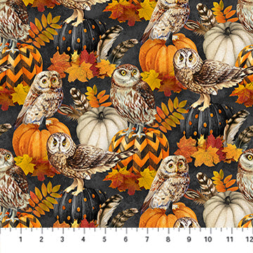 Northcott Silk USA Night Owl Charcoal Multi Owl & Feathers DP28846-96