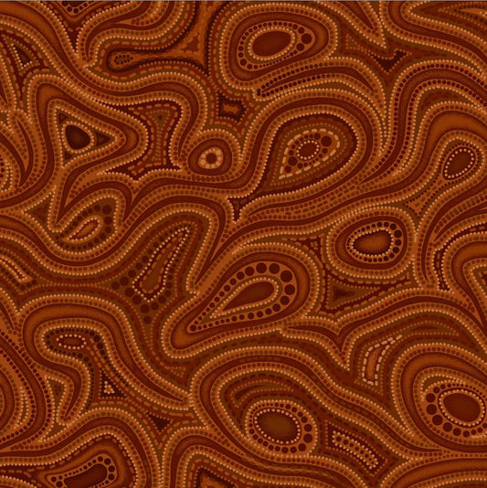 Oasis Fabrics Tjukurpa Land (pronounced “chook-orr-pa”) OA599254 Brown Tonal Swirls
