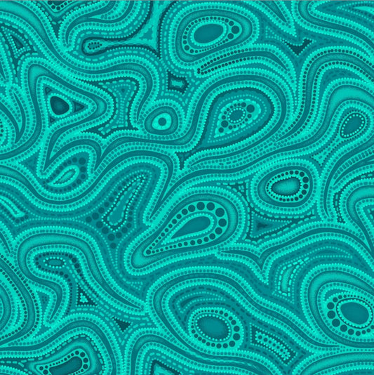 Oasis Fabrics Tjukurpa Land (pronounced “chook-orr-pa”) OA599255 Teal Tonal Swirls