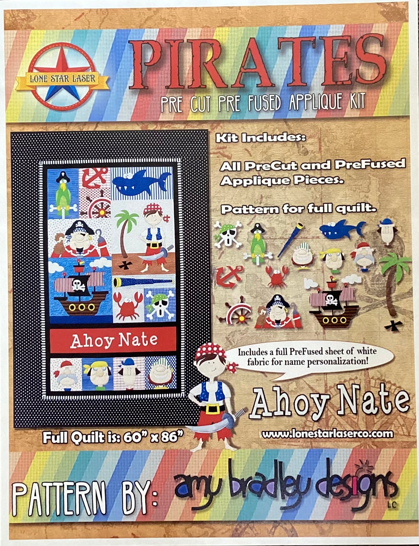 Pirates Pre Cut Pre Fused Appliqué Kit cut by Lone Star Laser. Pattern designed by amy bradley designs.60” x 86”