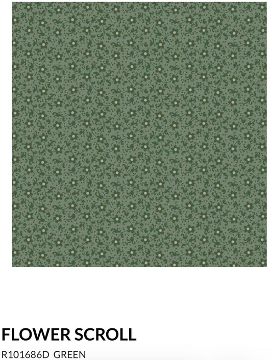 Marcus Fabrics Grace Elizabeth Collection by Carrie Quinn of Pieceful Gathering Quilt Shop, Flower Scroll R101686D Green