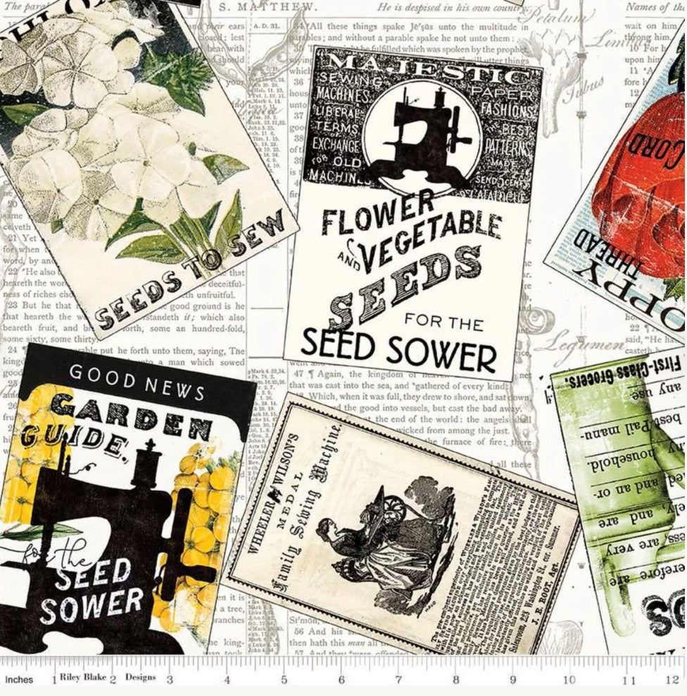 Riley Blake Designs Sewing Seeds III by J. Wecker Frisch CD15687 White Tossed Seed Packets