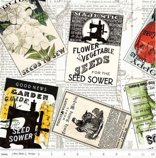 Riley Blake Designs Sewing Seeds III by J. Wecker Frisch CD15687 White Tossed Seed Packets
