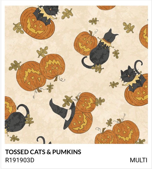 Marcus Fabrics Halloween Haunts by Designer Cindy Staub Tossed Cats & Pumpkins R191903D Multi