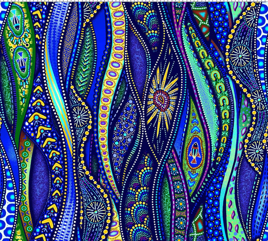 Oasis Fabrics Tjukurpa Land (pronounced “chook-orr-pa”) OA599192 Blue Wavy Stripe